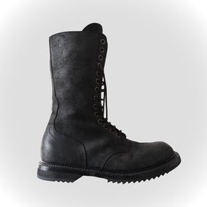 Archive RICK OWENS Reverse Calf Leather Lace Up Combat Boots w/ Extra Long Laces